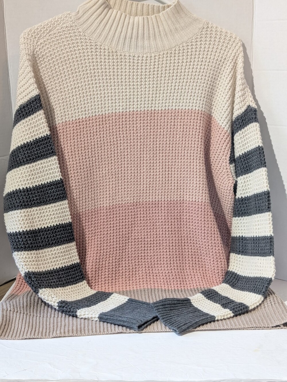 Chaps Women's Color Block Waffle Knit Sweater Pink Stripe Sleeve Mock- Lg